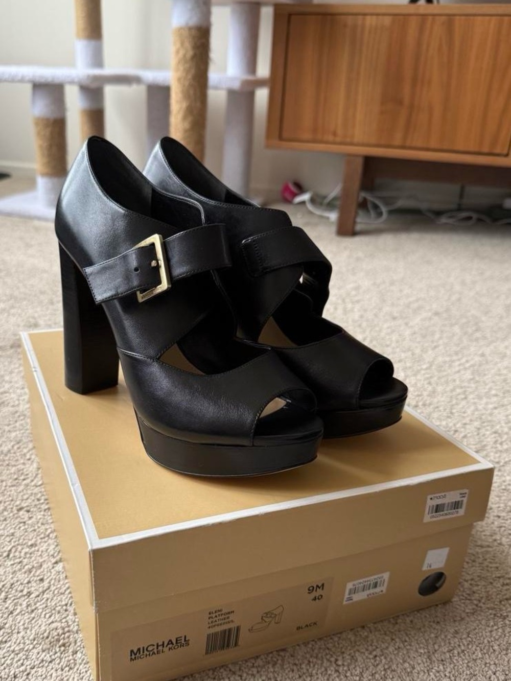 Michael Kors Eleni Platform Block Heels Black Leather Peep Toe Buckle Womens 9M